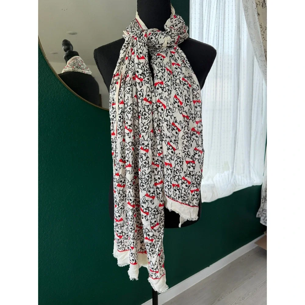 French Bulldog Print Scarf Ivory Black Red Bowtie Dog Lover Lightweight Wrap
